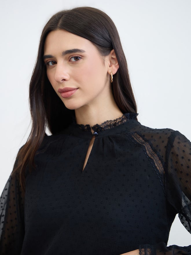 Styli Black Lace Trim Dobby Blouse - Image 4