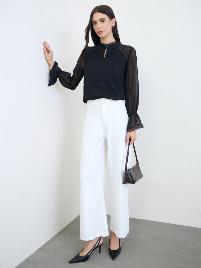 Styli Black Lace Trim Dobby Blouse - Image 2