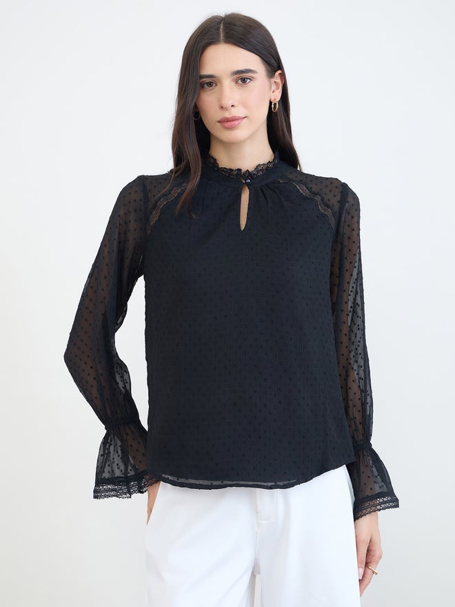 Styli Black Lace Trim Dobby Blouse - Image 3