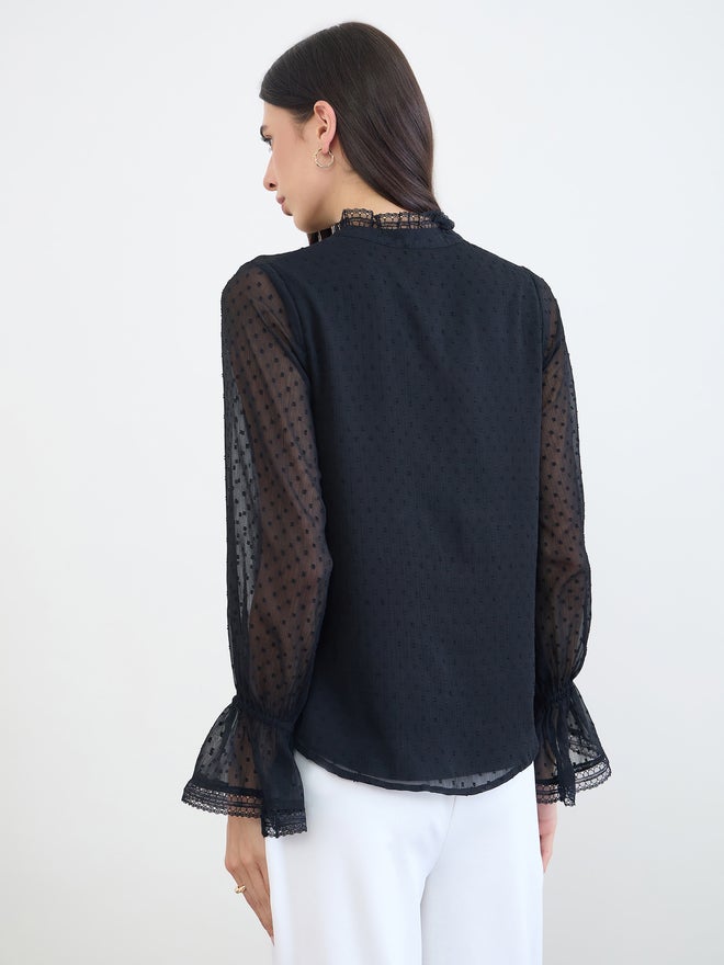 Styli Black Lace Trim Dobby Blouse - Image 5