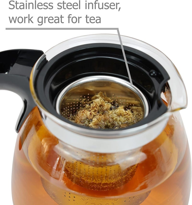 ZEYFLEEB Glass Teapot with Infuser Clear Glass Tea Kettle with Removable Stainless Steel Strainer Stovetop Safe Glass Teapot for Blooming and Loose Leaf Tea Black Handle 1000ML - Image 2
