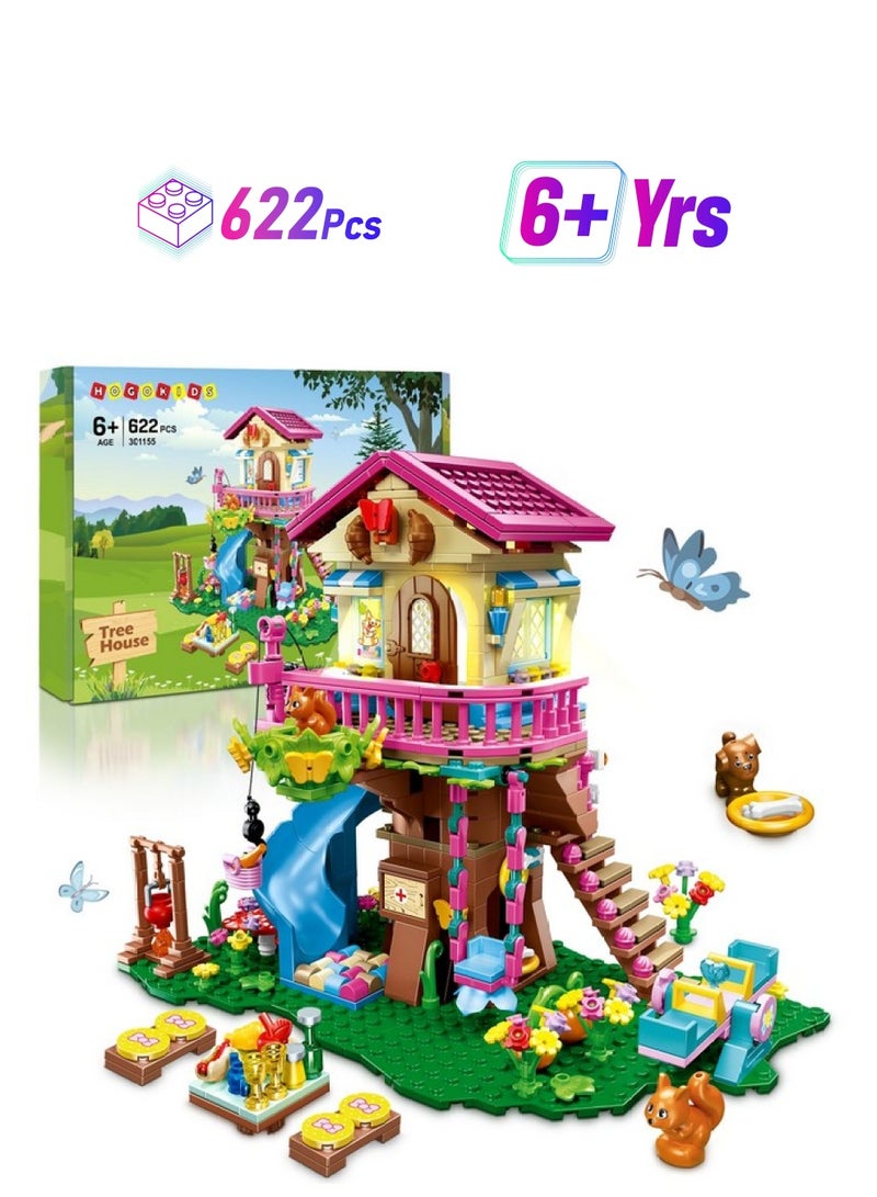 Hogokids Tree House Building Set With Led Light 622Pcs Treehouse Building Blocks Toys, Forest Up House Building Kit With Slide, Birthday Gifts For Kids Girls Boys Age 6 7 8 9 10 11 12+  - Image 1