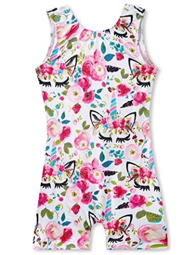 TENVDA Gymnastics Leotard for Girls 2t 3t Sparkly White Floral Unicorn Print Toddler Kids Biketards Tumbling Unitards - Image 1
