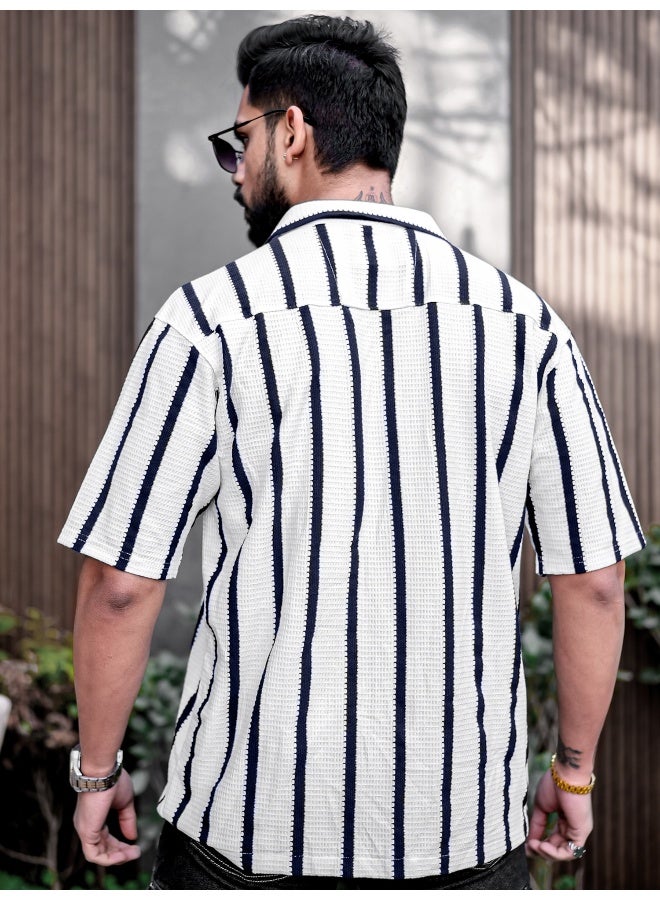 Maniac Mens Striped Collared Neck Half Sleeve White Popcorn Knitted Shirt - Image 3