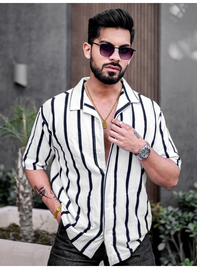 Maniac Mens Striped Collared Neck Half Sleeve White Popcorn Knitted Shirt - Image 1
