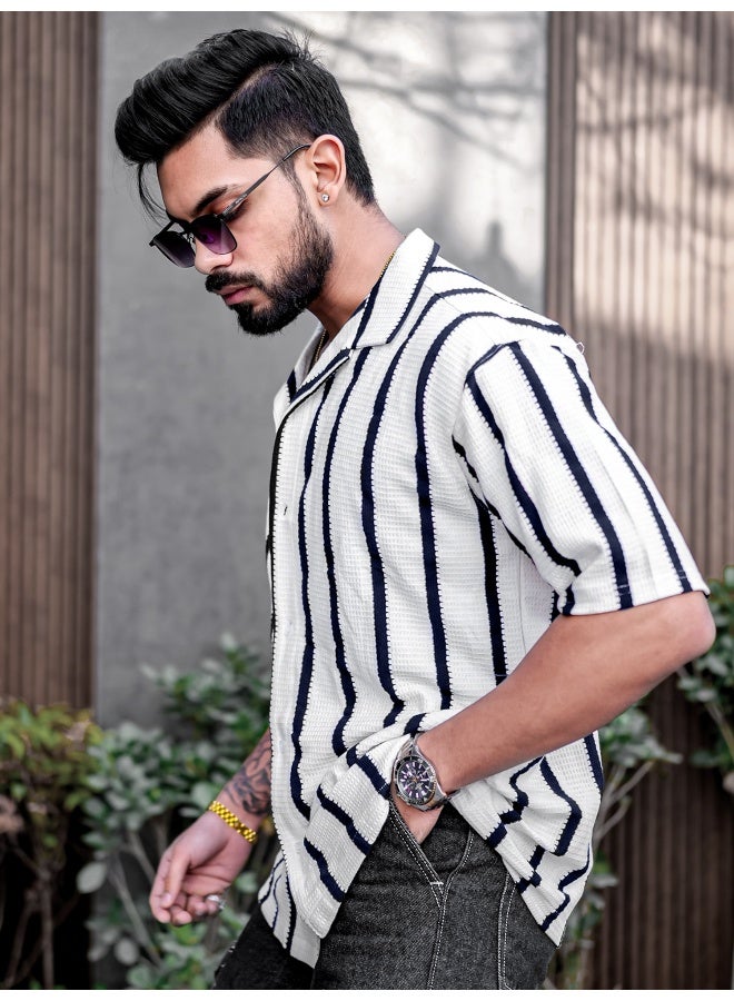 Maniac Mens Striped Collared Neck Half Sleeve White Popcorn Knitted Shirt - Image 2
