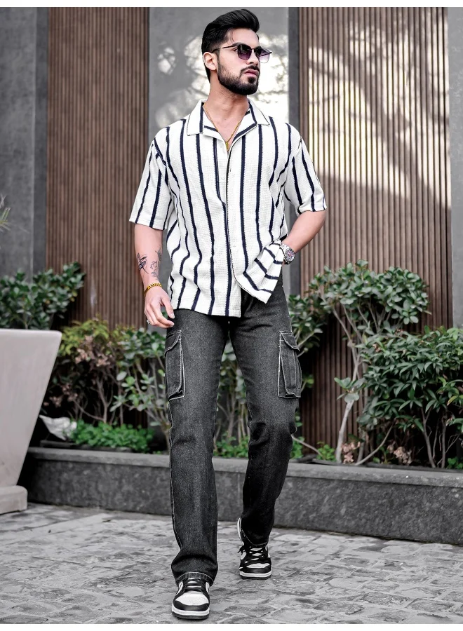Maniac  Maniac Mens Striped Collared Neck Half Sleeve White Popcorn Knitted Shirt for Men | Best Price UAE
