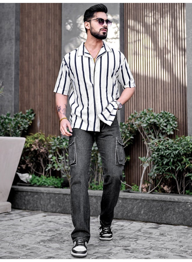 Maniac Mens Striped Collared Neck Half Sleeve White Popcorn Knitted Shirt - Image 5