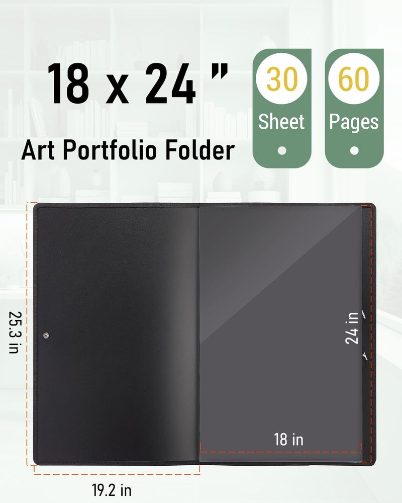 Nicpro 18x24 Large Art Portfolio Folder, 30 Pockets Display 60 Pages Artist Portfolio Folder with Clear Plastic Sleeves, Presentation Storage Book for Artists Artwork Drawing Painting Black - Image 2