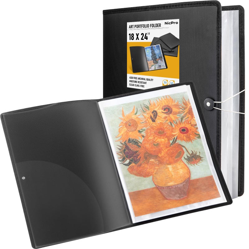 Nicpro 18x24 Large Art Portfolio Folder, 30 Pockets Display 60 Pages Artist Portfolio Folder with Clear Plastic Sleeves, Presentation Storage Book for Artists Artwork Drawing Painting Black - Image 1
