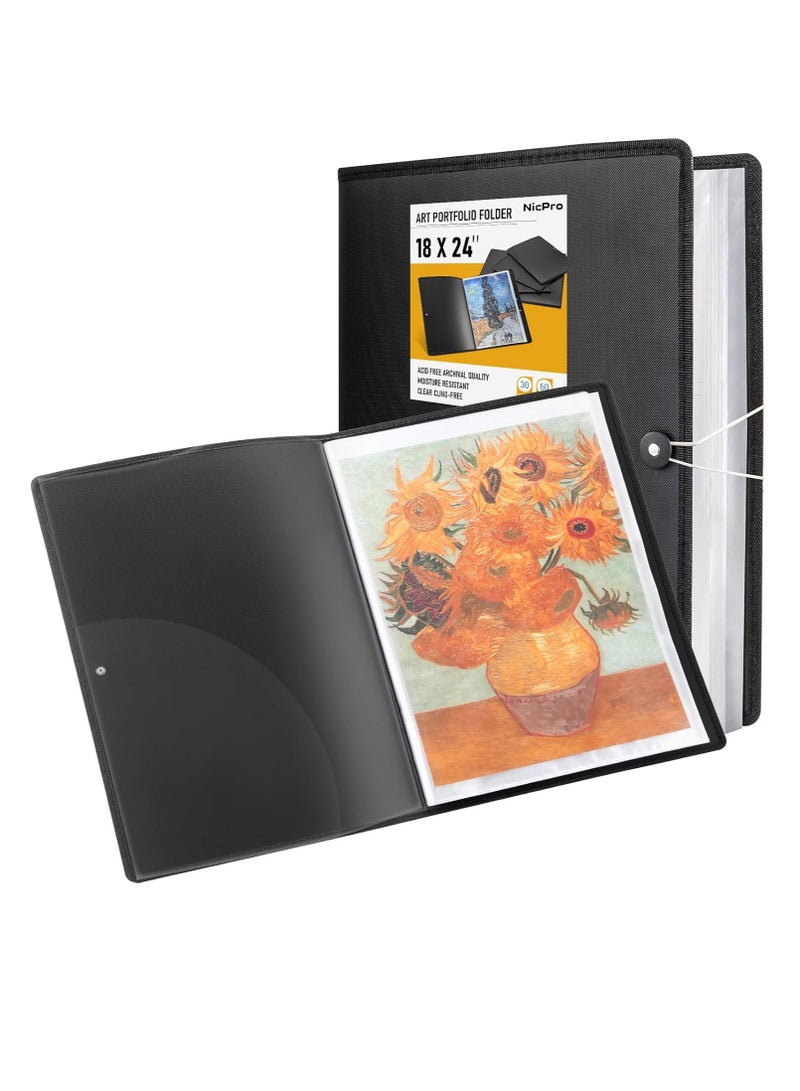 Nicpro Nicpro 18x24 Large Art Portfolio Folder, 30 Pockets Display 60 Pages Artist Portfolio Folder with Clear Plastic Sleeves, Presentation Storage Book for Kids & Artists Artwork Dr awing, Painting Black - Image 1