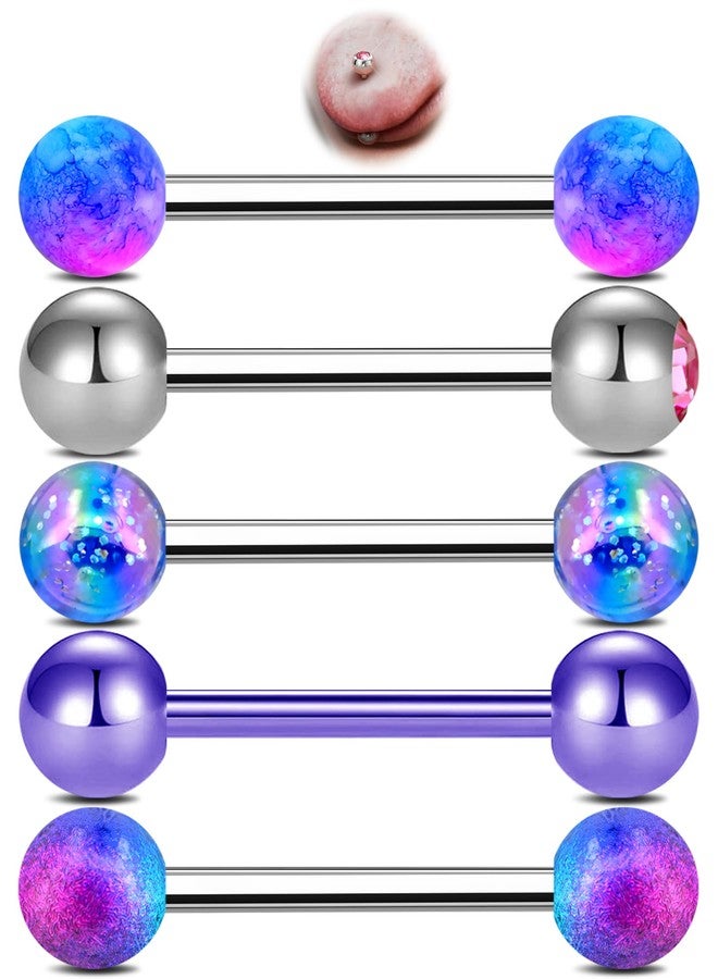 Melighting 14G 5PCS Tongue Rings Set, Purple Tongue Piercing Jewelry 316L Surgical Steel Piercing, Body Barbell Ball Bars Pack Clear CZ for Women 16 mm - Image 1