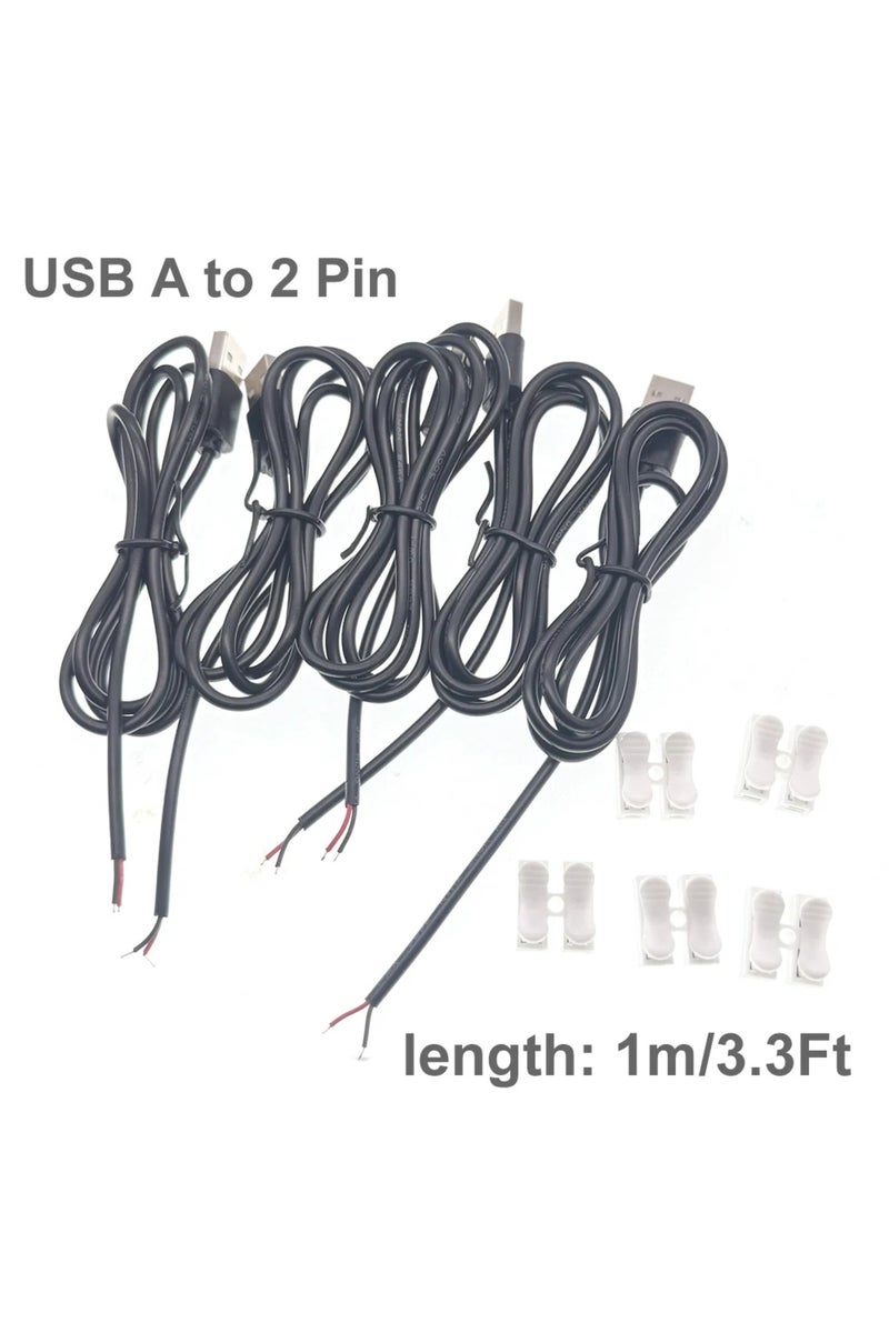 USB Male 1m -5pcs DC 2-pin USB Power Cable USB Male Female to 2 Pin Bare Wire Charge Cord Connector