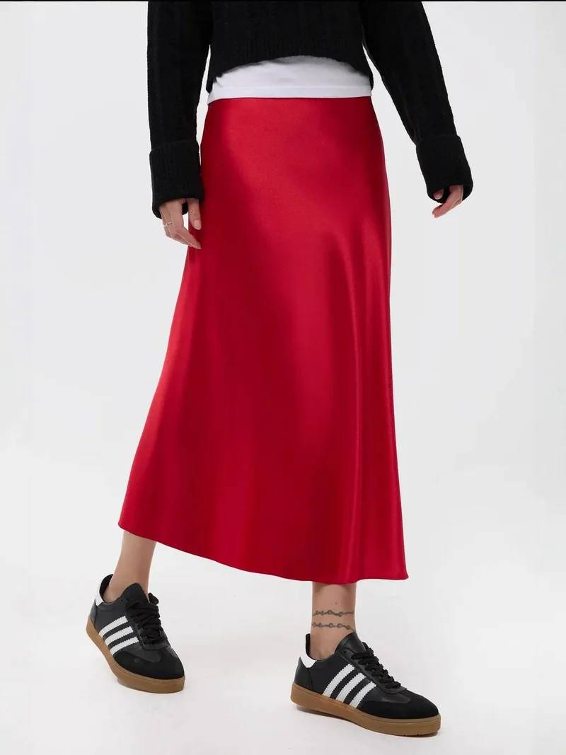 زوبعة تنورة ميدي ساتان بخصر مرتفع