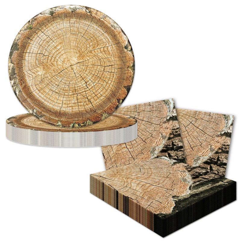 Havercamp Woodsy Lumberjack Party Set with Wood Theme Plates Lumberjack Paper Napkins Cups Serving Platters Mylar Balloon