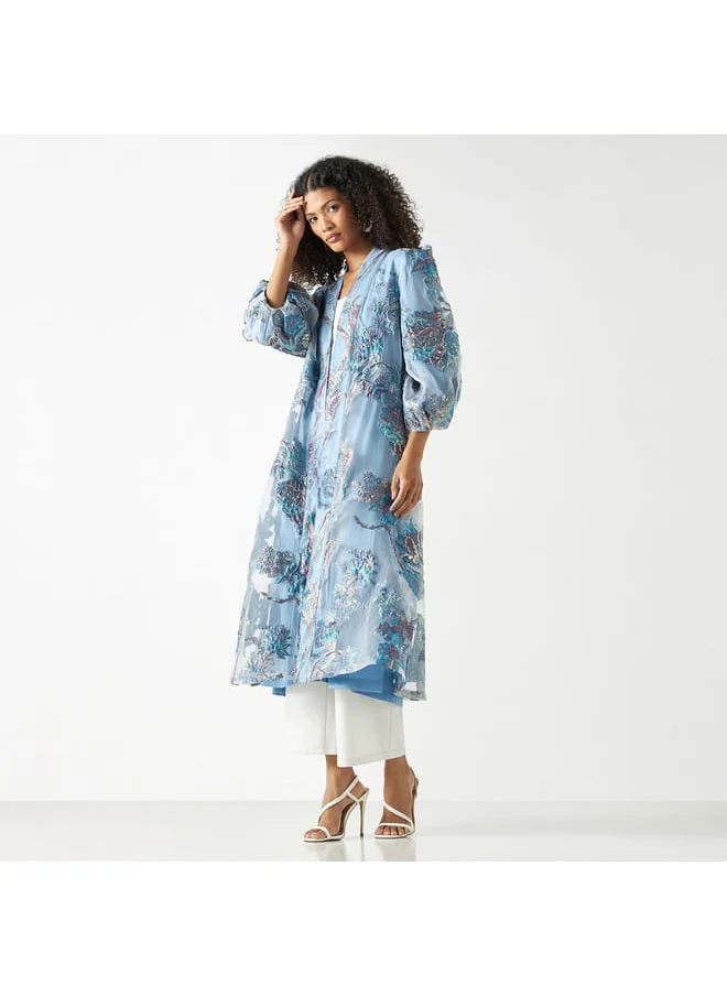 Iconic Iconic Floral Print Embroidered Open Front Kimono