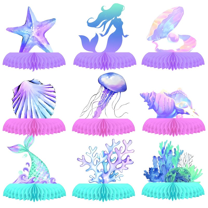 Oiuyamn 9 PCS Mermaid Theme Party Decorations, Ocean Mermaids Centerpieces for Tables Honeycomb Centerpiece, 3D Sea Party Supplies for Birthday Decor - Image 1