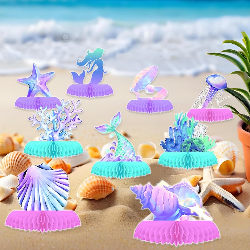 Oiuyamn 9 PCS Mermaid Theme Party Decorations, Ocean Mermaids Centerpieces for Tables Honeycomb Centerpiece, 3D Sea Party Supplies for Birthday Decor - Image 5