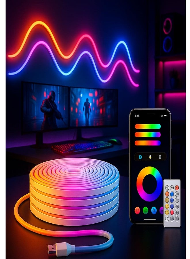 One94Store شريط إضاءة LED نيون RGB ذكي من One94Store بطول 5 أمتار مع تطبيق وجهاز تحكم عن بعد | إضاءة حبلية متزامنة مع الموسيقى للغرف، والألعاب، والحفلات، واحتفالات ديوالي، وتزيين المنزل - Image 1