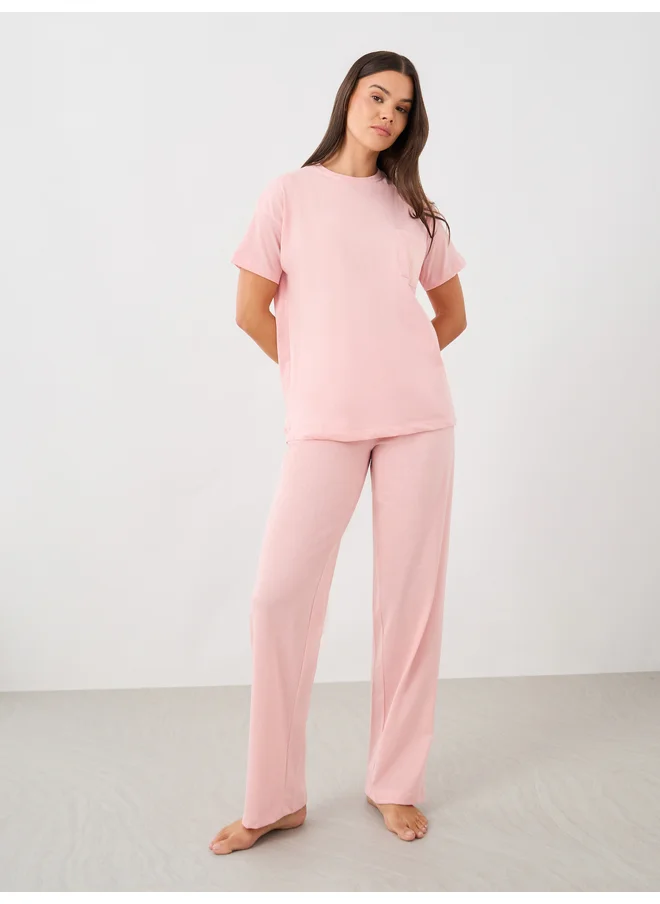 ستايلي Styli Unwind Beach Graphic Pocket Dropped Shoulder T-Shirt and Straight Pyjama Set