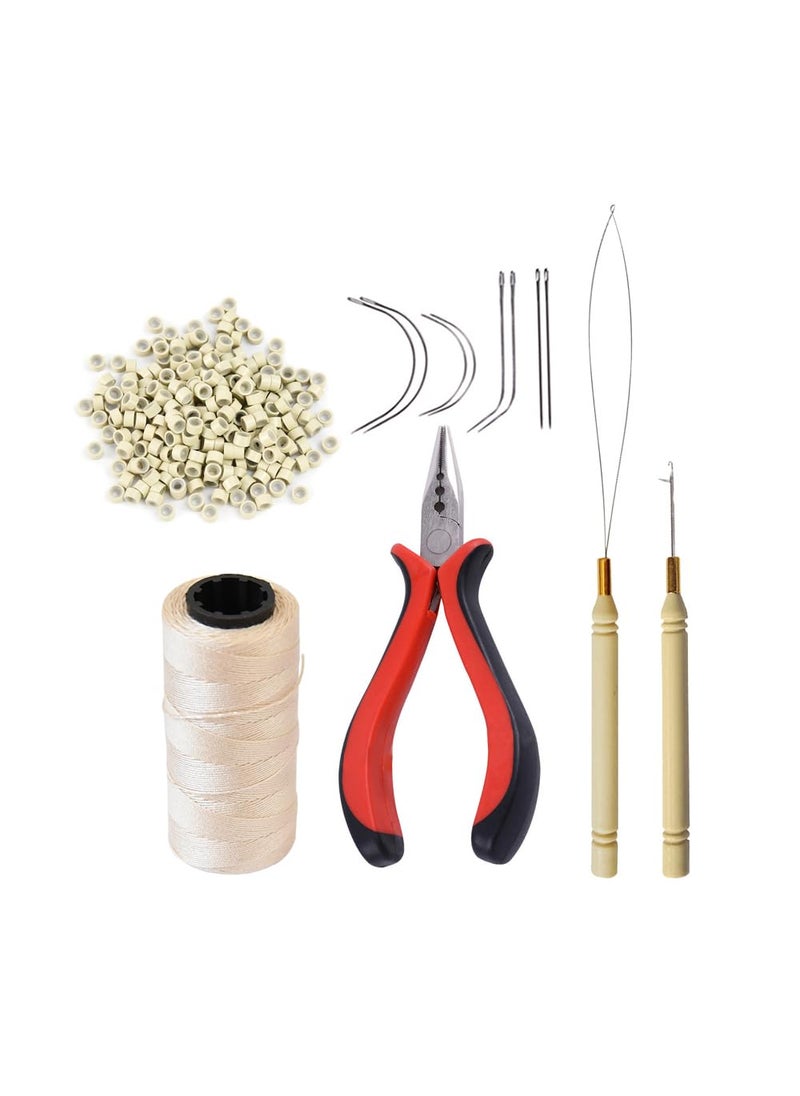 yantaisiyu - Hair Extensions Tool Kit 200 Pcs Silicone Lined Micro Links Beads 1 Three Hole Hair Pliers 1 Roll Sewing Thread 1 Loop Needle Threader 1 Pulling Hook Needle 8 Sewing Needles Blonde - Image 1