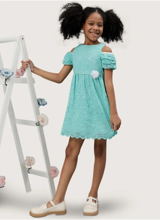 One Friday One Friday Girls Mint Lace Fabric Cold-shoulder Dress