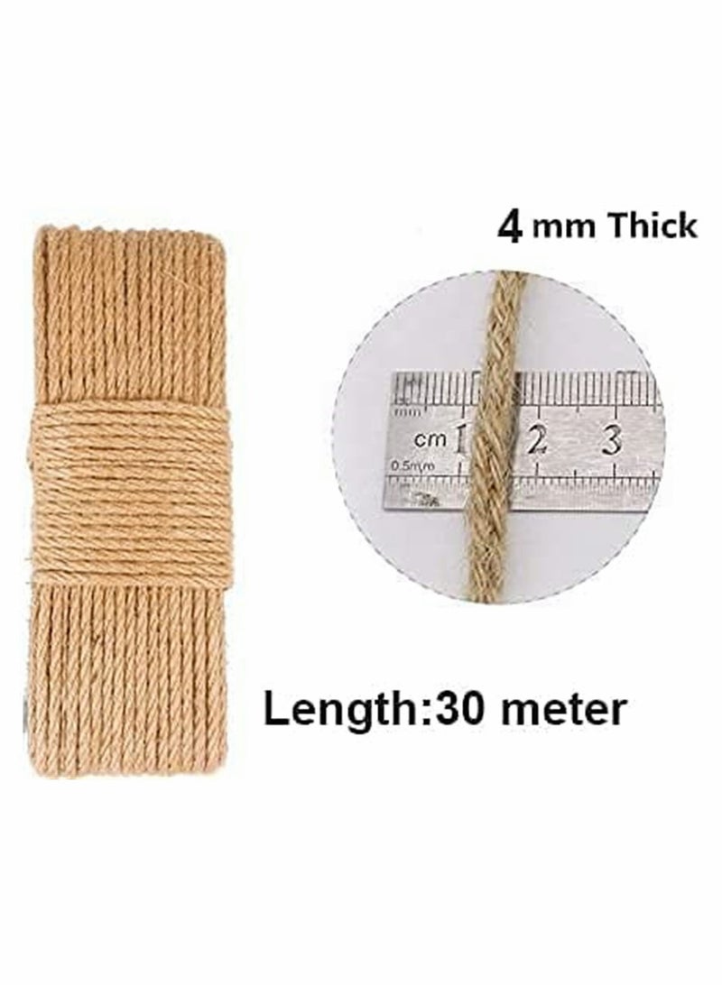 Natural Sisal Rope Jute Rope for Cat, Cat Replacement Grass Woven Rope for Cat Tree And Tower, Jute Rope/Sisal Rope for Recovering or DIY Cat Scratcher, Decorative Vase, Handrails (4 mm * 30 m)