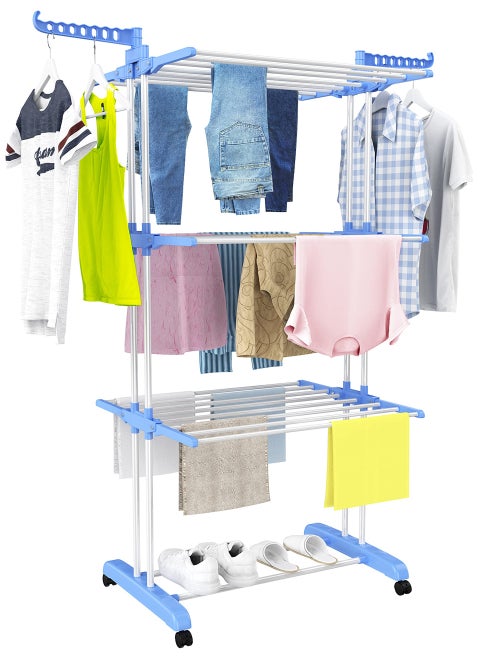 Large 4-Tier Foldable Clothes Drying Rack with 4 Casters Movable Multi-Function Stainless Steel Clothes Drying Rack