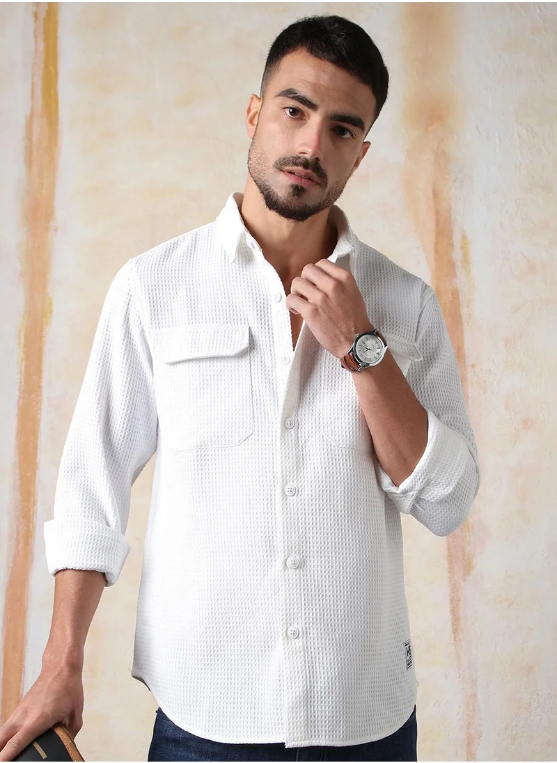HIGH STAR Men's White 100% Polyester Solid Button Down Relaxed Fit Shirt