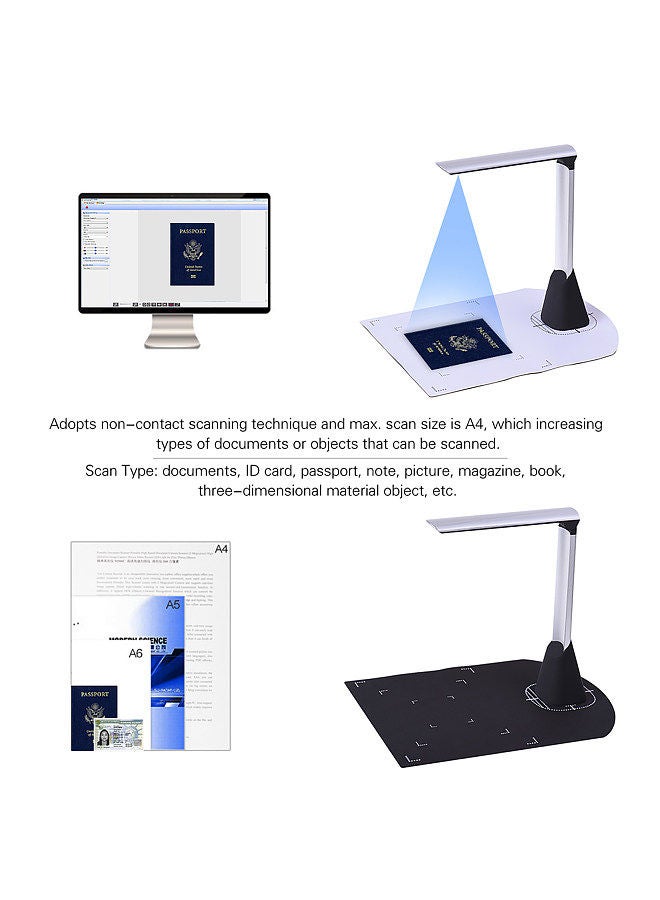 Portable High Speed USB Book Image Document Camera Scanner 5 Mega-pixel HD High-Definition Max. A4 Scanning Size with OCR Function LED Light for Classroom Office Library Bank