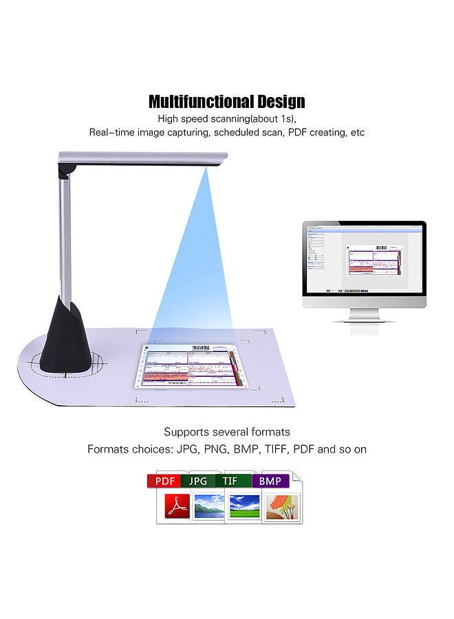 Portable High Speed USB Book Image Document Camera Scanner 5 Mega-pixel HD High-Definition Max. A4 Scanning Size with OCR Function LED Light for Classroom Office Library Bank