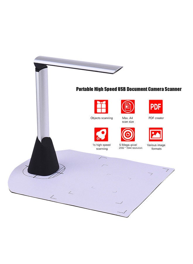 Portable High Speed USB Book Image Document Camera Scanner 5 Mega-pixel HD High-Definition Max. A4 Scanning Size with OCR Function LED Light for Classroom Office Library Bank