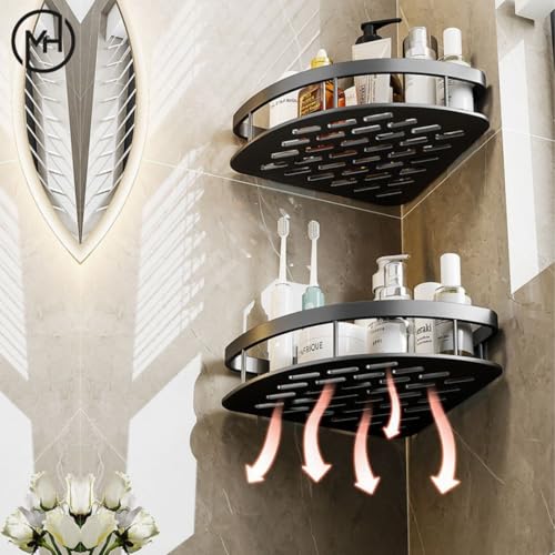 MorivaHomes Self-Adhesive Corner Shelf for Bathroom/Adhesive Shelf for Kitchen with Magic Sticker/Bathroom Organizer Without Drill (Material: Aluminium) (2Pcs, Black) - Image 4