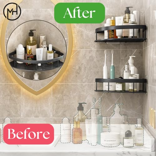 MorivaHomes Self-Adhesive Corner Shelf for Bathroom/Adhesive Shelf for Kitchen with Magic Sticker/Bathroom Organizer Without Drill (Material: Aluminium) (2Pcs, Black) - Image 3