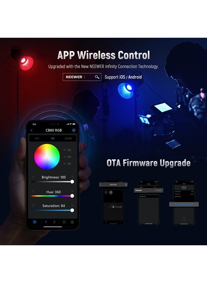 Neewer NEEWER CB60 RGB 70W LED Video Light with App Control, Bowens Mount COB Full Color Continuous Output Lighting 18000Lux/1m CCT 2700K-6500K CRI97+ 17 Scenes for Photography/Studio Video Recording 