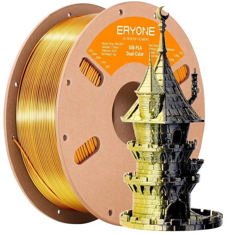 ERYONE Silk Dual Color PLA Filament 3D Printer 1.75mm +/- 0.03mm, Bicolor Filament Two Tone PLA 1KG(2.2lbs) Cardboard Spool, Black Gold - Image 1