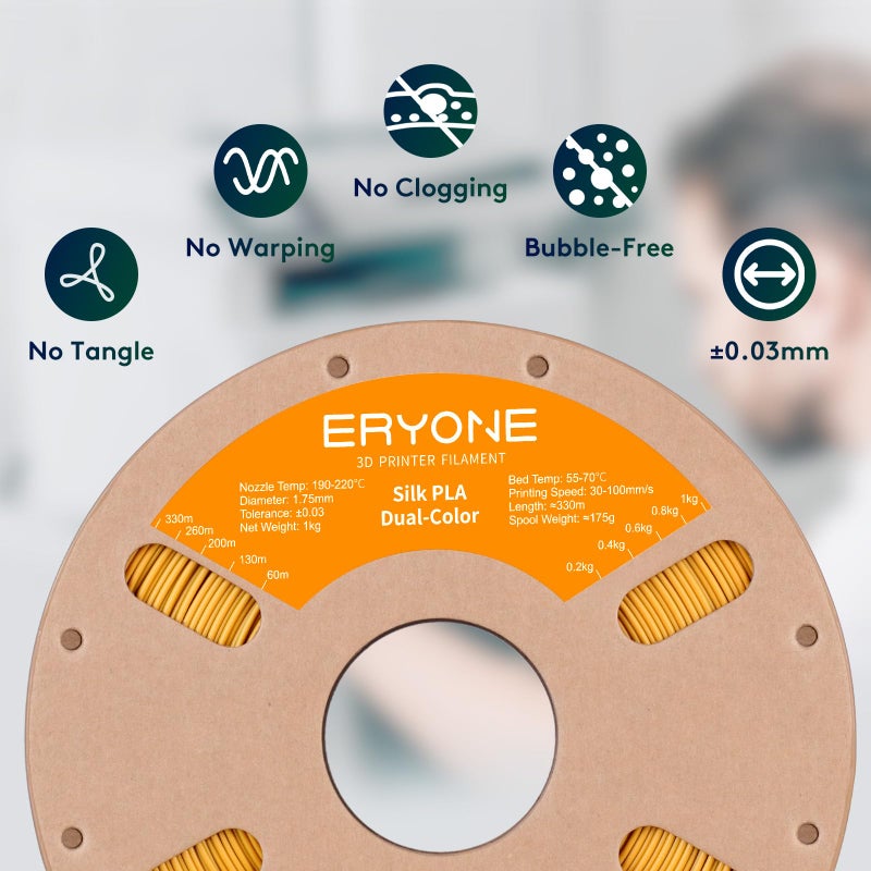 ERYONE Silk Dual Color PLA Filament 3D Printer 1.75mm +/- 0.03mm, Bicolor Filament Two Tone PLA 1KG(2.2lbs) Cardboard Spool, Black Gold - Image 4