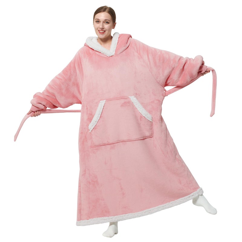 Bedsure Bedsure Wearable Blanket Hoodie Women - Long Sherpa Fleece Hooded Blanket for Adult Women Men  Warm Cozy Blanket Sweatshirt with Giant Pocket and Belt  Winter Gifts for Girlfriend Mom  Standard  Pink  - Image 1