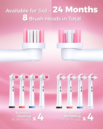 TEETHEORY Rotating Electric Toothbrush for Adults with 8 Brush Heads (2 Types), 4 Modes Deep Clean Electric Toothbrush with Rechargeable Power and 2 Min Smart Timer (2- Cherryblompink, p1) - Image 4