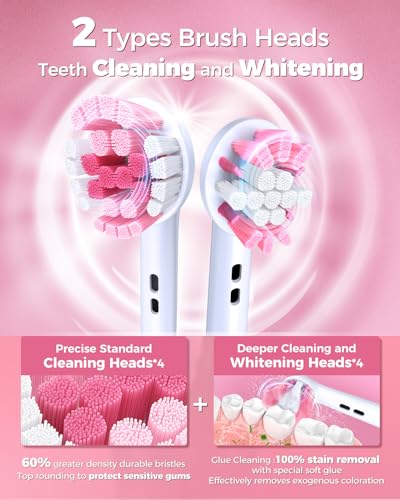 TEETHEORY Rotating Electric Toothbrush for Adults with 8 Brush Heads (2 Types), 4 Modes Deep Clean Electric Toothbrush with Rechargeable Power and 2 Min Smart Timer (2- Cherryblompink, p1) - Image 3