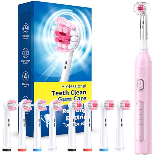 TEETHEORY Rotating Electric Toothbrush for Adults with 8 Brush Heads (2 Types), 4 Modes Deep Clean Electric Toothbrush with Rechargeable Power and 2 Min Smart Timer (2- Cherryblompink, p1) - Image 1