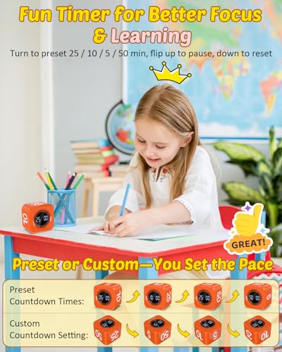 COWVTUJ Digital Pomodoro Timer Cube 5/10/25/50min, Visual Productivity Flip Timer for Kids Classroom Desk, Custom Countdown, Silent and Sound Mode for ADHD Study Work Game Kitchen (Orange) - Image 2