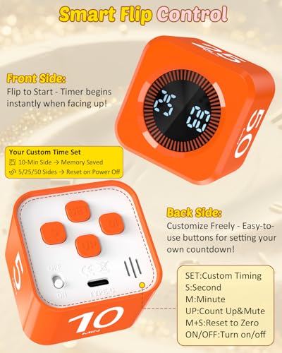 COWVTUJ Digital Pomodoro Timer Cube 5/10/25/50min, Visual Productivity Flip Timer for Kids Classroom Desk, Custom Countdown, Silent and Sound Mode for ADHD Study Work Game Kitchen (Orange) - Image 4