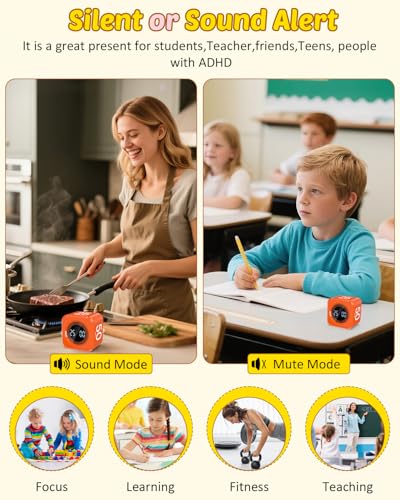 COWVTUJ Digital Pomodoro Timer Cube 5/10/25/50min, Visual Productivity Flip Timer for Kids Classroom Desk, Custom Countdown, Silent and Sound Mode for ADHD Study Work Game Kitchen (Orange) - Image 5