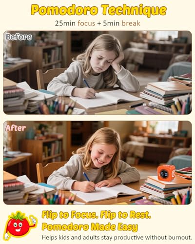 COWVTUJ Digital Pomodoro Timer Cube 5/10/25/50min, Visual Productivity Flip Timer for Kids Classroom Desk, Custom Countdown, Silent and Sound Mode for ADHD Study Work Game Kitchen (Orange) - Image 3