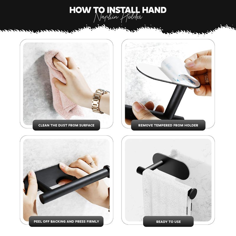MIORAH Self Adhesive Aluminum Hand Towel Holder in Bathroom | Wall Mounted Towel Hanger for Wash Basin & Bathroom Towel Hanger for Wall | Black - Image 3