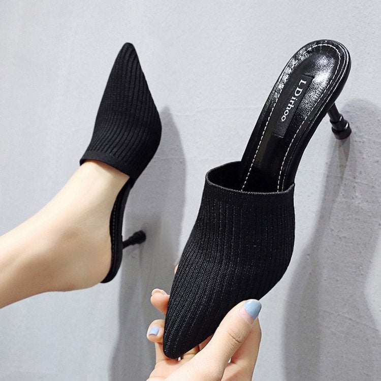 2024 Spring-Summer Knitted High-Heeled Slippers for Women Black 