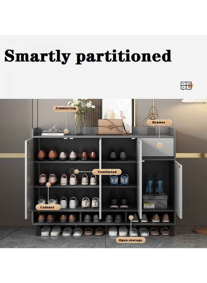 اليسا خزانة أحذية عصرية بأربعة أبواب تفتح بالضغط، ودرج، ورفوف مفتوحة - تخزين بثلاث طبقات، وأرجل معدنية، وسطح عمل بسياج، مقاس 120×30×100 سم - منظم أنيق للمدخل - Image 3