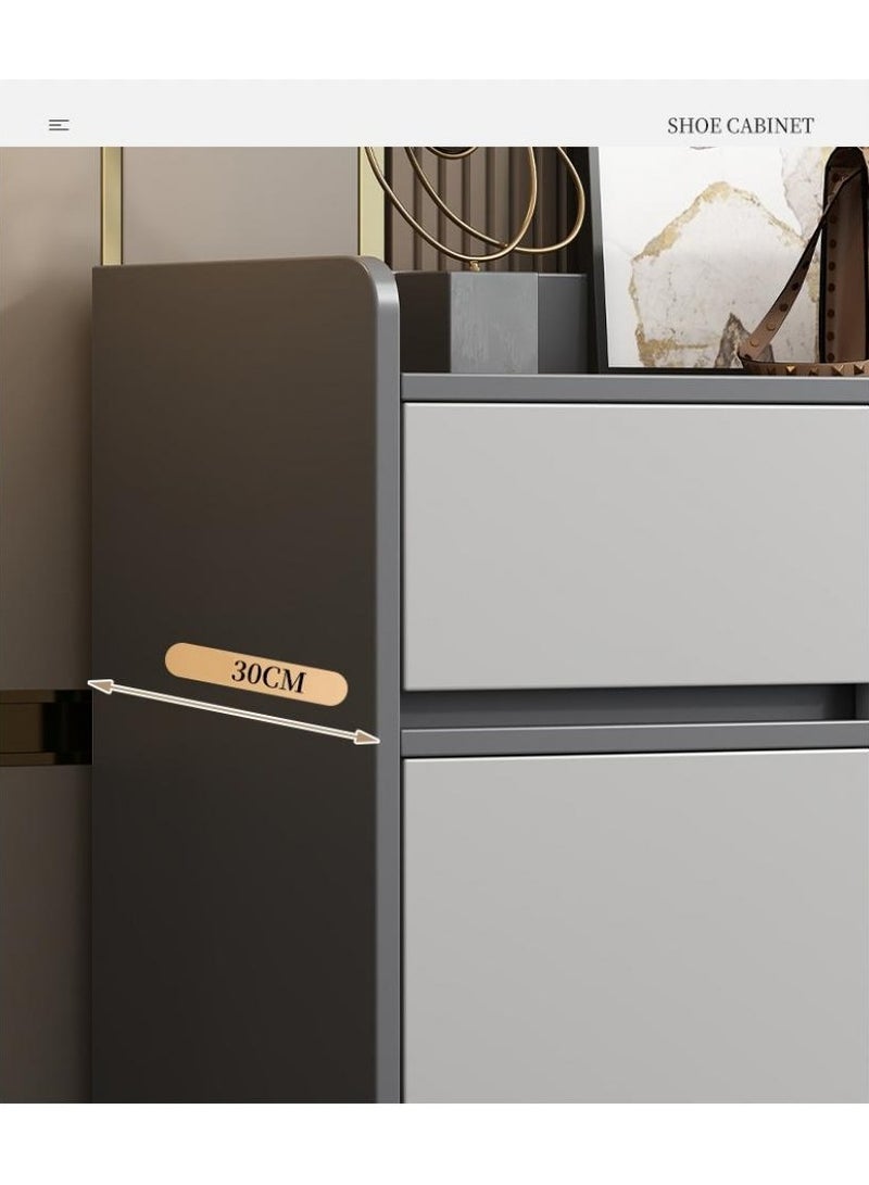 اليسا خزانة أحذية عصرية بأربعة أبواب تفتح بالضغط، ودرج، ورفوف مفتوحة - تخزين بثلاث طبقات، وأرجل معدنية، وسطح عمل بسياج، مقاس 120×30×100 سم - منظم أنيق للمدخل - Image 5