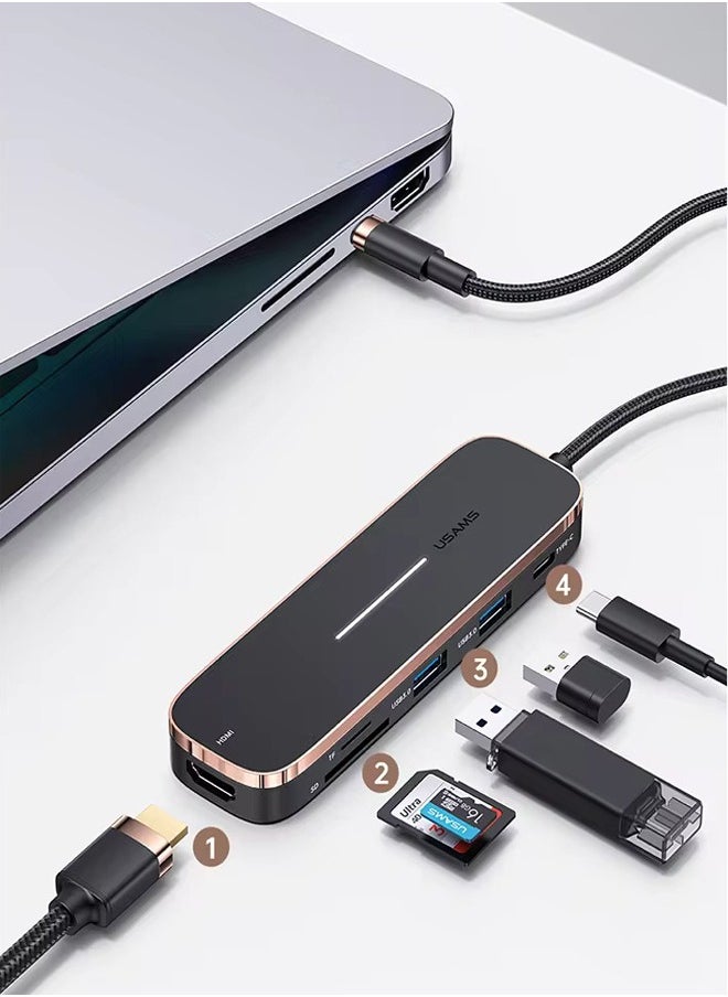 Usams موزع متعدد الوظائف 6 في 1 من النوع C مع منفذين USB+Type-C+Micro S-D+S-D + HD-MI (أسود)  - Image 1